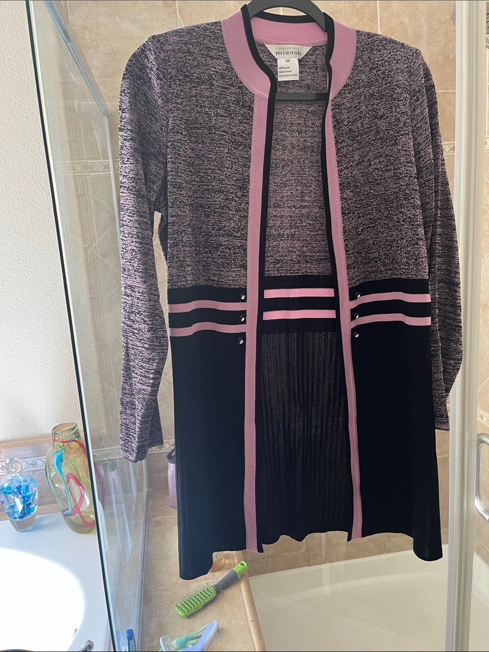 Misook Lavender Heather and Black Open Front Cardigan with Pink Trim